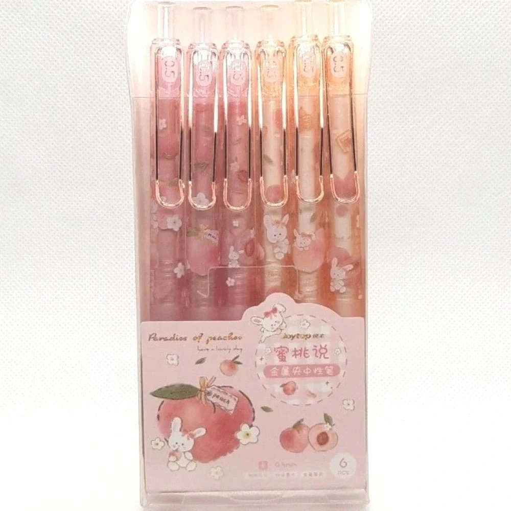 Joytop Peaches 6pc Gel Pen Set 0.5mm Black Ink Bunny‎ Kawaii Stationery